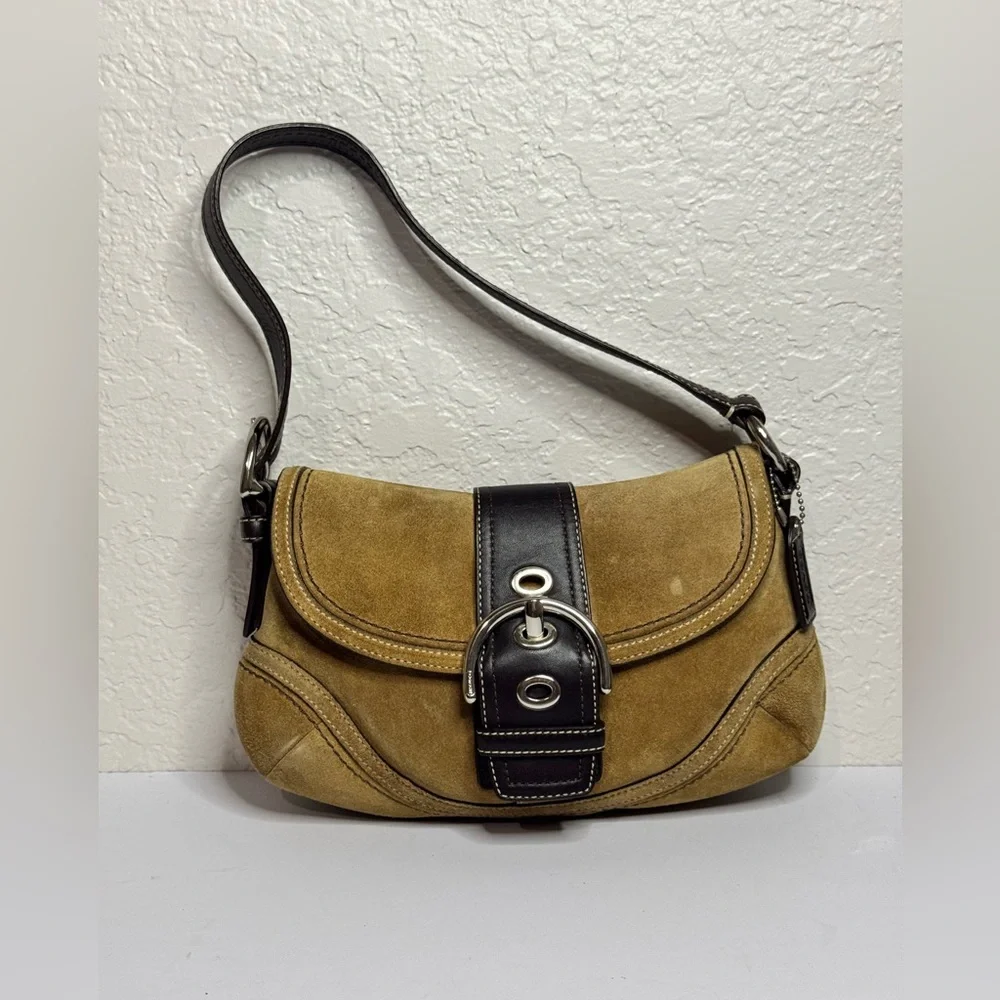 COACH Y2K Soho Suede Flap Belt Buckle Shoulder Bag Honey Tan/Brown